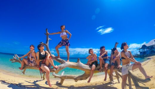 ナルスアン島の流木の上でポーズ