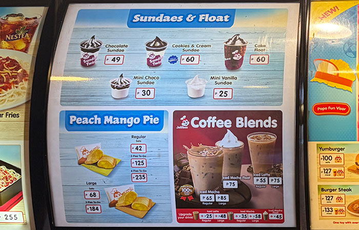 ジョリビーのサイドメニューとデザートメニュー